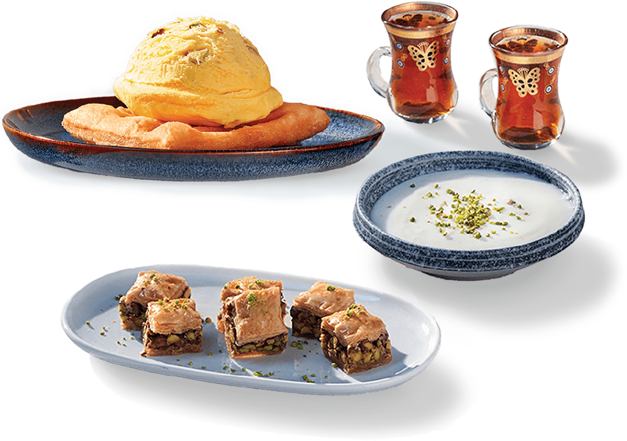 Sweet finish desserts -baklava, firni and saffron pistachio ice cream